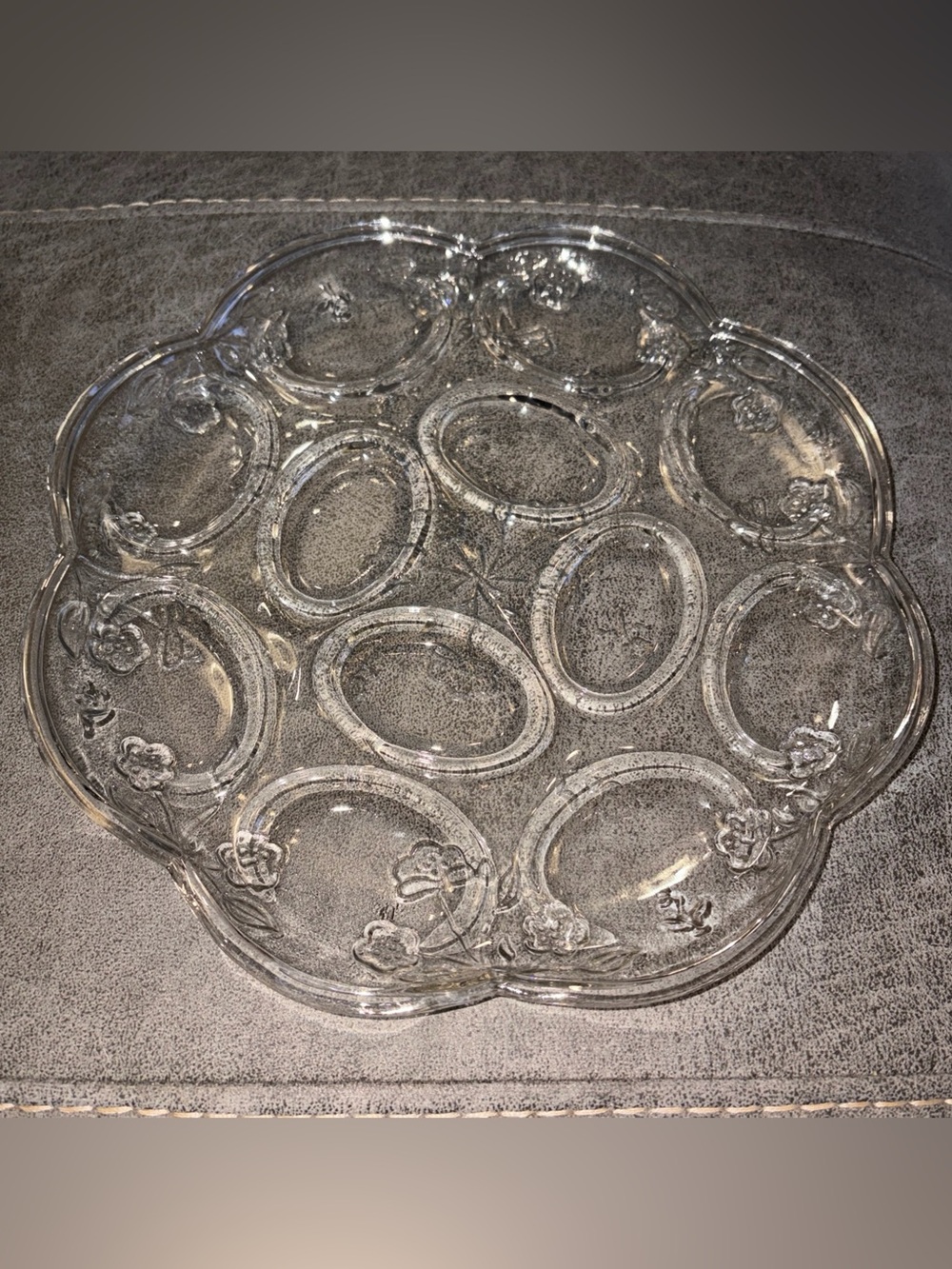 Vintage Anchor Hocking Savannah Deviled Egg Plate 10in Clear Floral USA Holiday